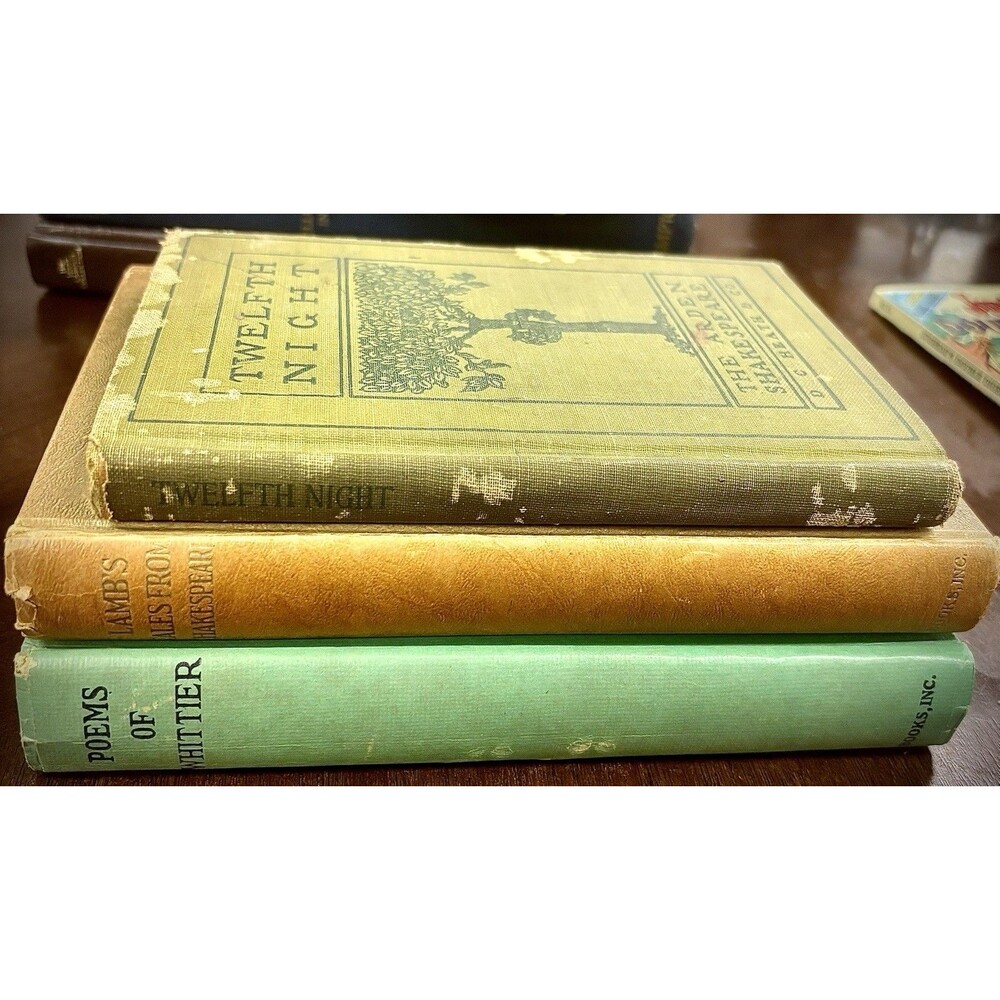 Antique 1920s Poetry Book Decor Lot Green VTG Whittier Lamb’s Tales Shakespeare